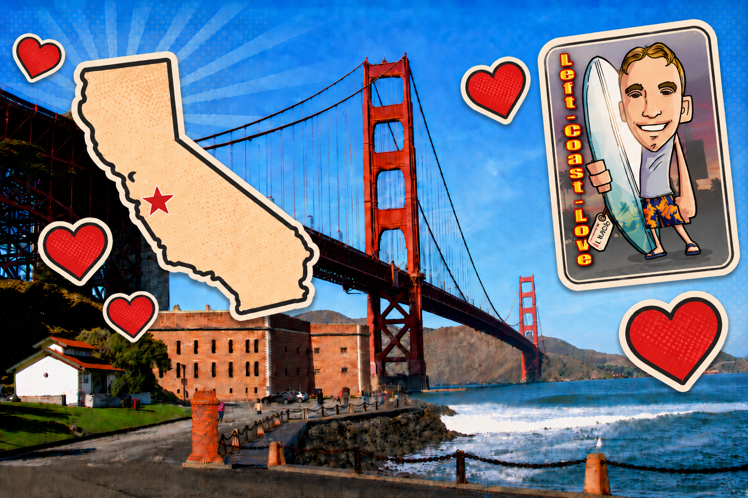 Stylized view of the Golden Gate Bridge and Fort Point in San Francisco