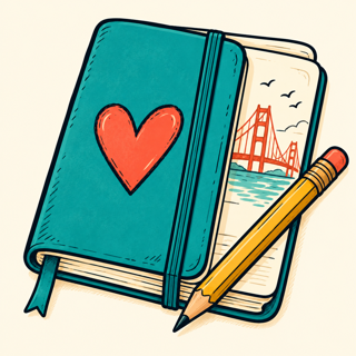 A notebook, heart, and pencil